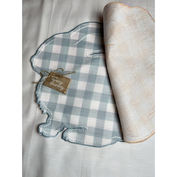 Coterie Studio Set Of 4 Embroidered Pastel Plaid Bunny Easter Placemats 15” New - Picture 4 of 8